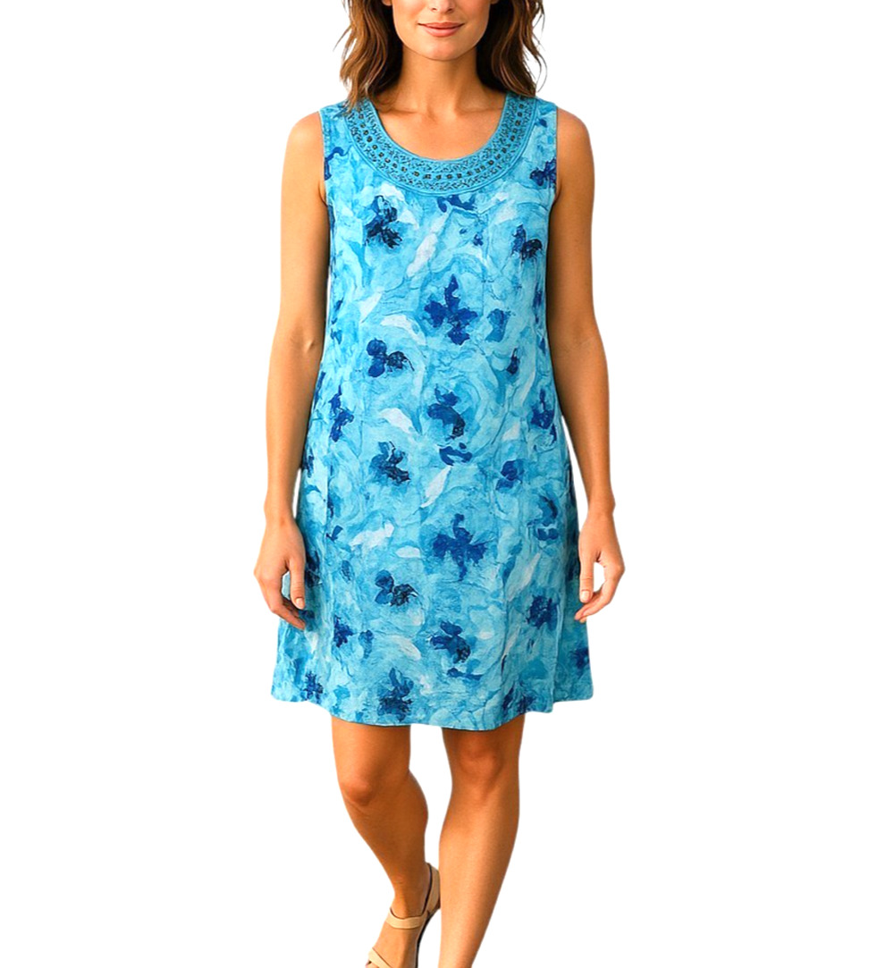 Kim Rogers Linen Dress Blue Watercolor Floral Tatted Embroidery Knee Washable 16
